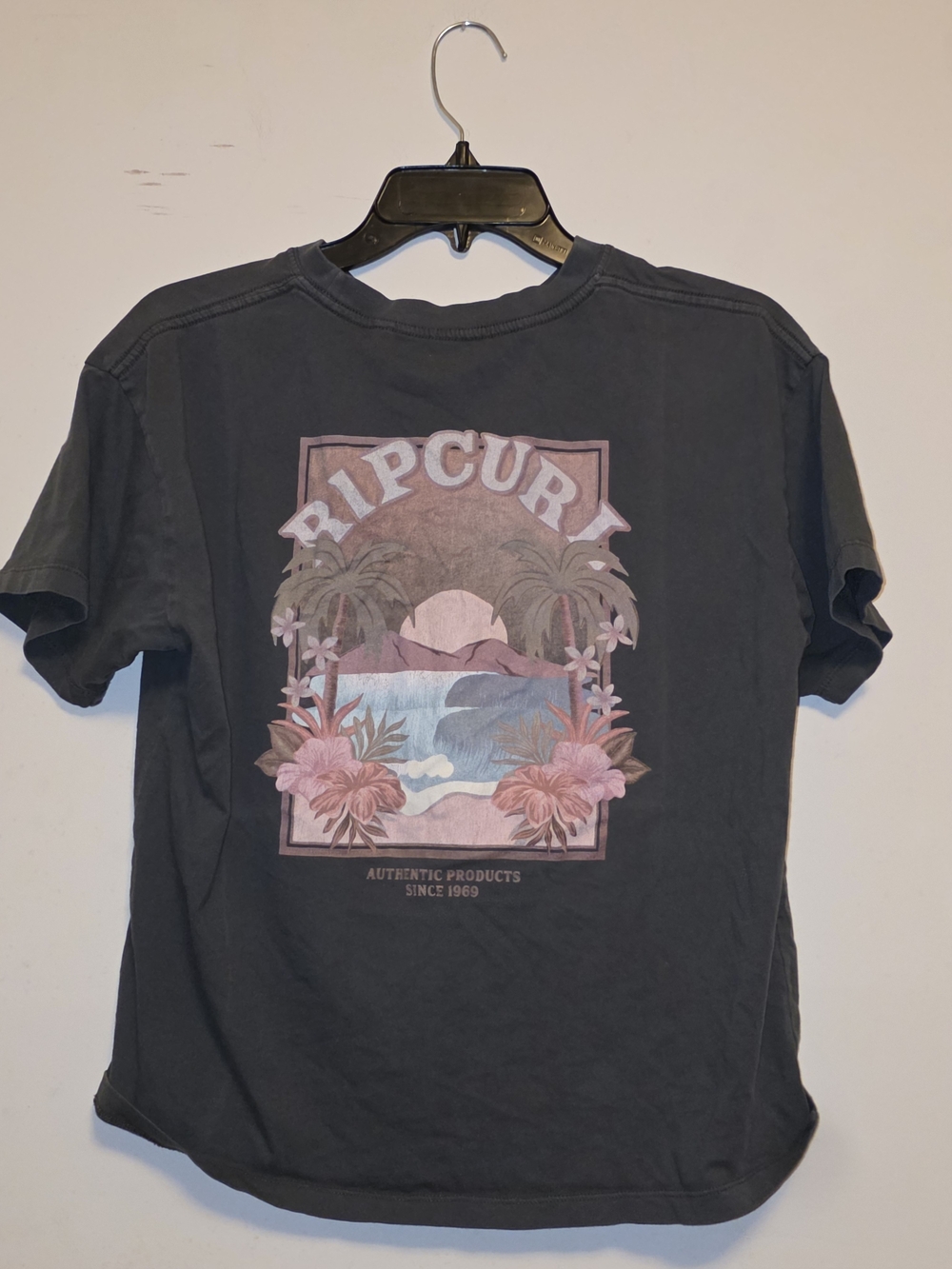 Rip Curl Black Short Sleeve Tee with Pink Tropical Sunset Graphic